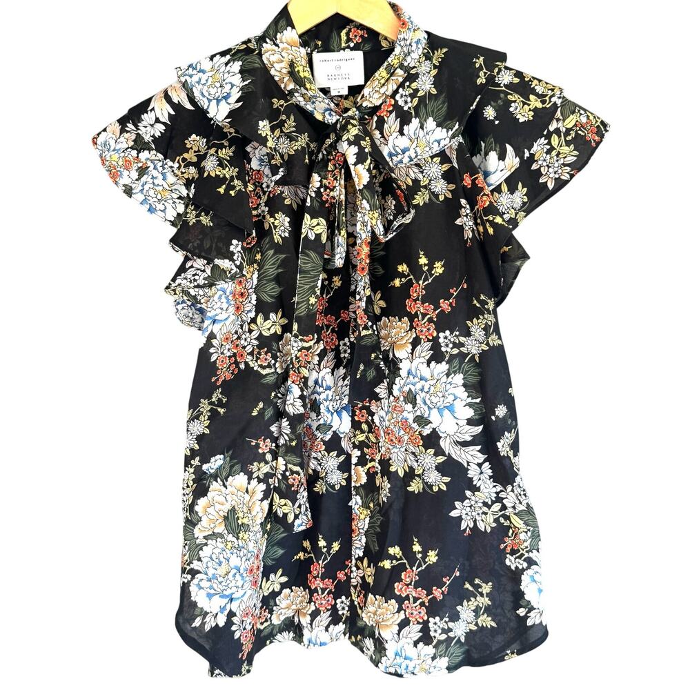 Robert Rodriguez Barneys NY Silk Blend Floral Flutter Sleeve Tie Neck Blouse M